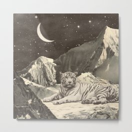 Giant White Tiger in Mountains Metal Print | Cosmic, Lion, Animal, Surrealist, Space, Astronaut, Mountain, Collage, Star, Curated 