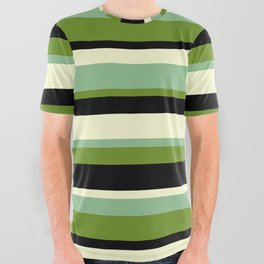 [ Thumbnail: Dark Sea Green, Green, Black & Light Yellow Colored Striped/Lined Pattern All Over Graphic Tee ]