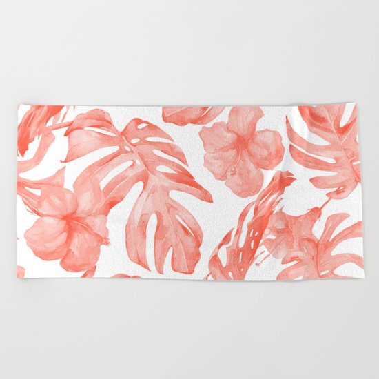 Tropical Hibiscus and Palm Leaves Dark Coral White Beach Towel