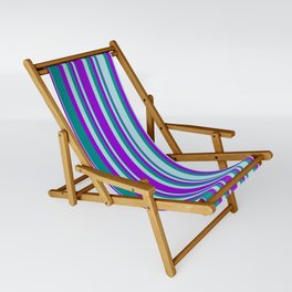 [ Thumbnail: Dark Violet, Dark Cyan, and Powder Blue Colored Lines/Stripes Pattern Sling Chair ]