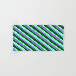 [ Thumbnail: Purple, Dark Green, and Aquamarine Colored Stripes/Lines Pattern Hand & Bath Towel ]