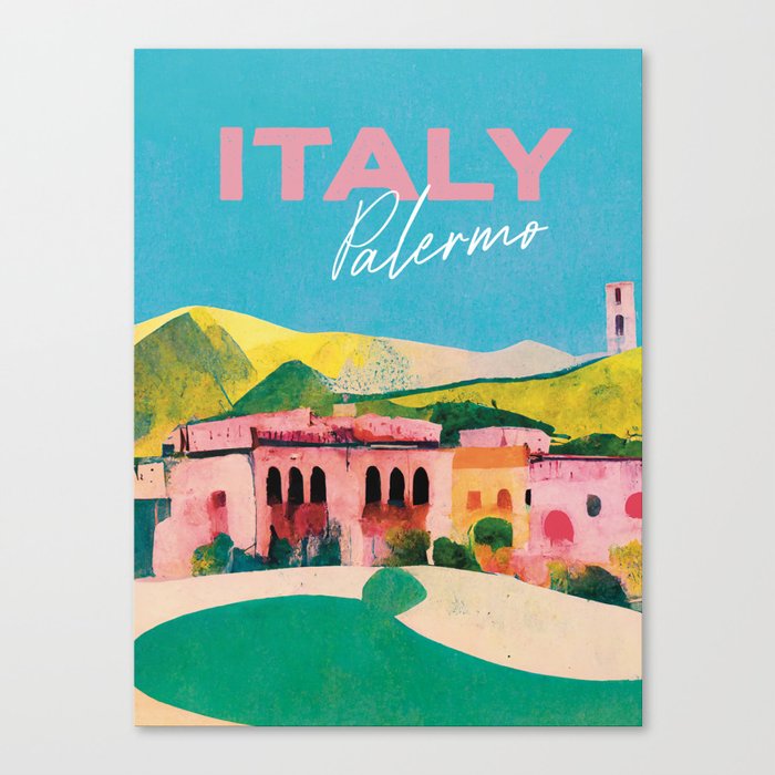 Palermo View Colorful Old Travel Poster Italy Retro Canvas Print