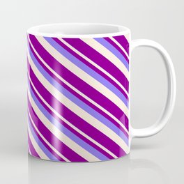 [ Thumbnail: Medium Slate Blue, Beige & Purple Colored Stripes/Lines Pattern Coffee Mug ]