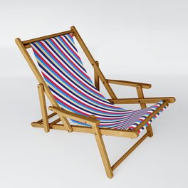 [ Thumbnail: Eye-catching Crimson, Blue, Pale Goldenrod, Midnight Blue & White Colored Striped Pattern Sling Chair ]