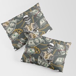 Colorful vintage money seamless pattern with gold chains knuckles dollar banknotes skeleton gangster wearing dollar sign pendant and holding guns vintage illustration Pillow Sham