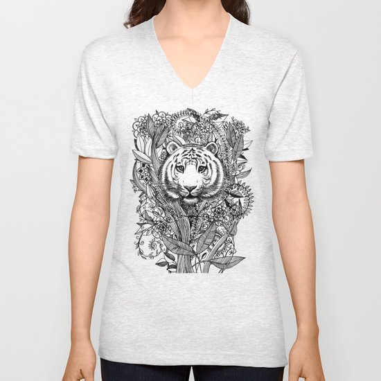 Tiger Tangle in Black and White Unisex V-Neck
