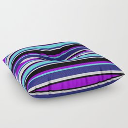 [ Thumbnail: Colorful Dark Violet, Turquoise, Midnight Blue, Light Gray & Black Colored Striped/Lined Pattern Floor Pillow ]
