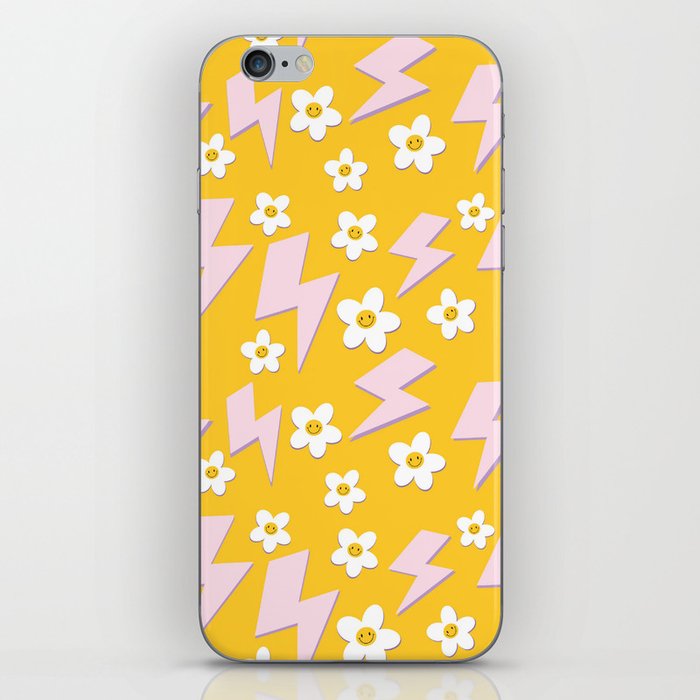 Bright pattern with flowers and lightning. Hippie style pattern on a yellow background Y2k 90s style iPhone Skin