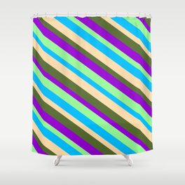 [ Thumbnail: Vibrant Tan, Dark Olive Green, Dark Violet, Green & Deep Sky Blue Colored Lined/Striped Pattern Shower Curtain ]