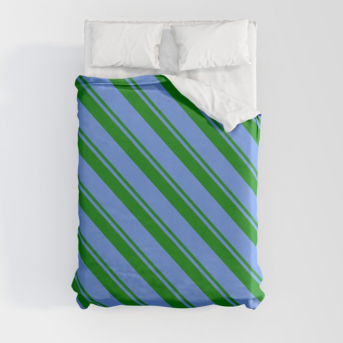 Green and Cornflower Blue Colored Pattern of Stripes Duvet Cover
