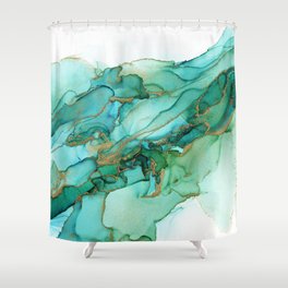 Emerald Gold Waves Abstract Ink Shower Curtain