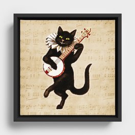 Dancing Cat Playing Banjo Framed Canvas