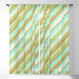 [ Thumbnail: Beige, Green, Dark Goldenrod, and Aquamarine Colored Striped/Lined Pattern Sheer Curtain ]