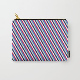 [ Thumbnail: Eye-catching Crimson, Blue, Pale Goldenrod, Midnight Blue & White Colored Striped Pattern Carry-All Pouch ]