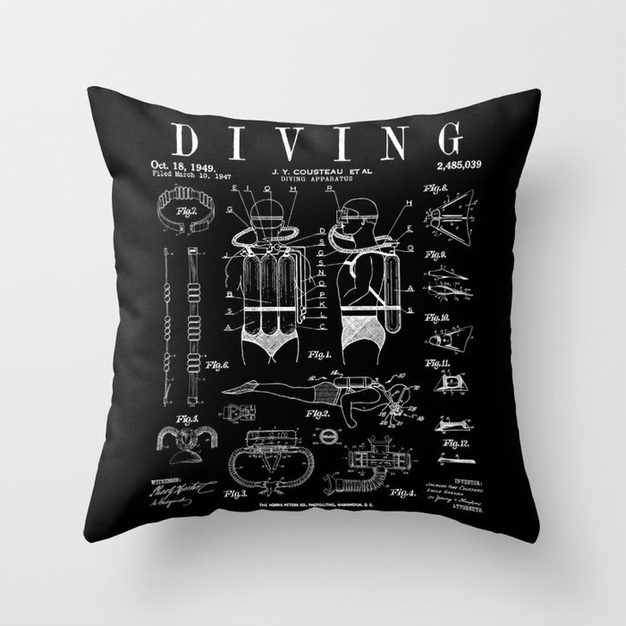 Diving Equipment Diver Vintage Patent Drawing Print Throw Pillow