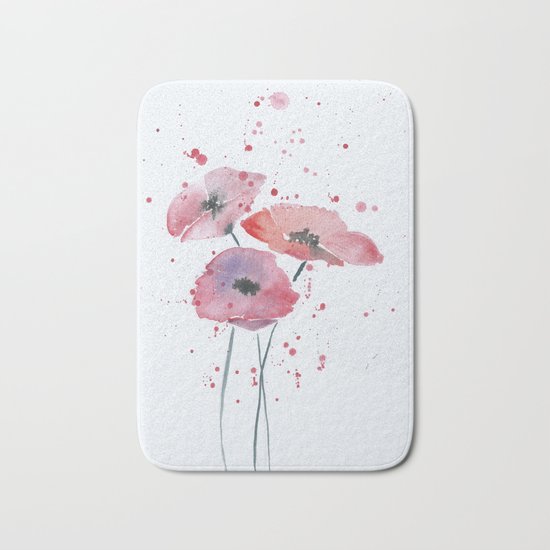 Red poppy flowers watercolor painting Bath Mat