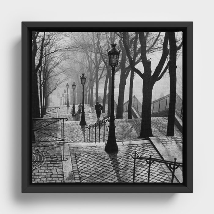 Sacre Coeur, Montmartre, Paris, France Stairs black and white photograph / black and white photography Framed Canvas