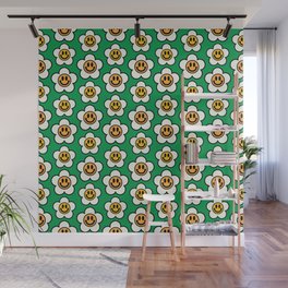 Bold And Funky Flower Smileys Pattern (Green BG) Wall Mural