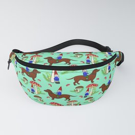 Gnome & Dachshund in Mushroom Land, Teal Background Fanny Pack