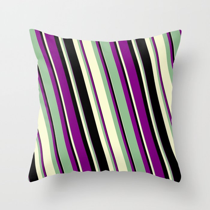 Purple, Dark Sea Green, Light Yellow & Black Colored Lines/Stripes Pattern Throw Pillow