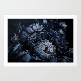 Renaissance Vibes Moody Midnight Blue Flowers Art Print