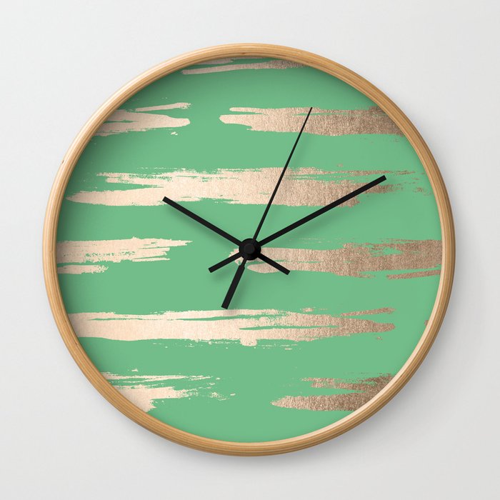Abstract Paint Stripes Gold Tropical Green Wall Clock