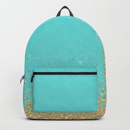 Sparkling gold glitter confetti on aqua teal damask background Backpack