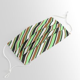 [ Thumbnail: Brown, Green, Black & Mint Cream Colored Lines/Stripes Pattern Face Mask ]