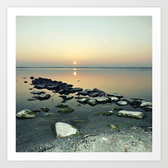 sunset sea stones Art Print