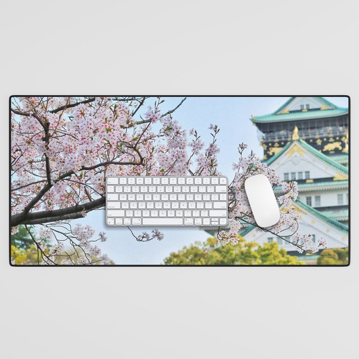 Japan Photography - Cherry Blossoms In Front Of A Temple Desk Mat