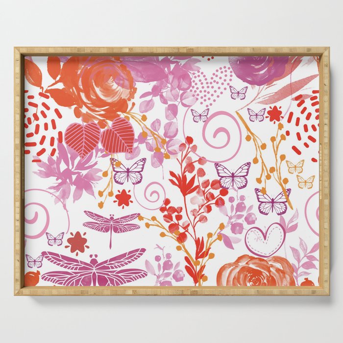 Red kitsch watercolor floral Serving Tray