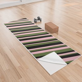 [ Thumbnail: Pink, Dark Olive Green & Black Colored Stripes Pattern Yoga Towel ]