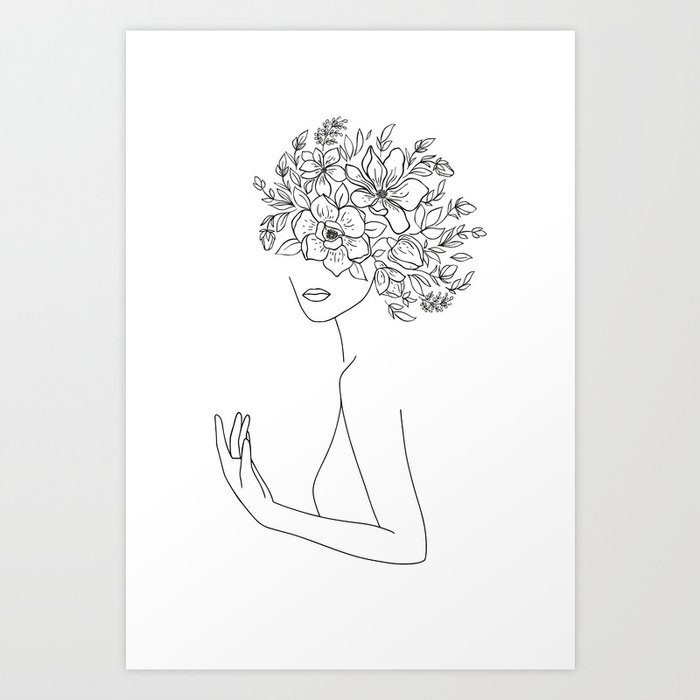 Mysterious Woman With Flowers Minimal Line Art Art Print