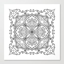 White and Black Elegant Flourish Tile Mandala Canvas Print