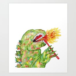 Godzilla brushing teeth dinosaur painting watercolour Art Print