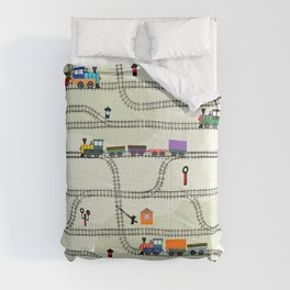 Funny kids seamless pattern railway with locomotives, wagons, semaphores. Turnpikes Comforter