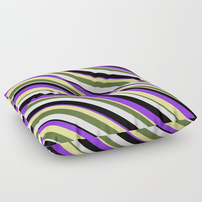 Vibrant Purple, Tan, Dark Olive Green, White & Black Colored Lined/Striped Pattern Floor Pillow