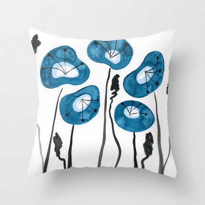 Blue Poppies Watercolor Flowers Throw Pillow
