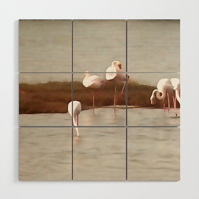 Seven Flamingos Feeding Abstract Acrylic Art Wood Wall Art