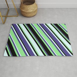 [ Thumbnail: Dark Slate Blue, Light Green, Black, and Light Cyan Colored Lined Pattern Rug ]