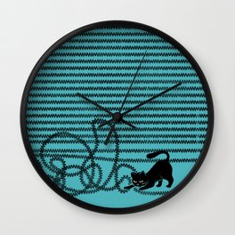 Unravel (in Blue) Wall Clock | Digital, Animal, Knitting, Concept, Funny, Stripes, Hisorhers, Illustration, Cat, String 