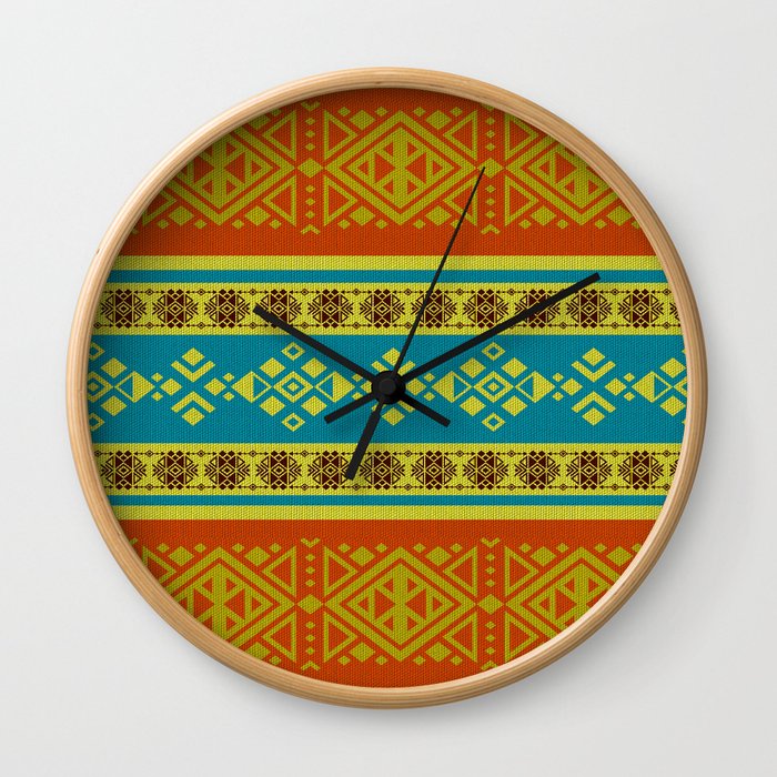 Mexican /Tribal Style pattern -Orange and Blue Wall Clock