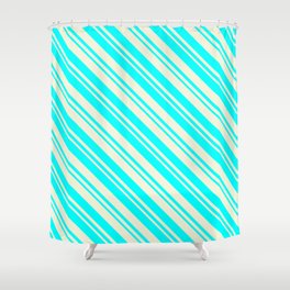 [ Thumbnail: Beige & Cyan Colored Pattern of Stripes Shower Curtain ]