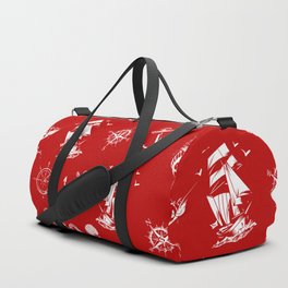 Red And White Silhouettes Of Vintage Nautical Pattern Duffle Bag