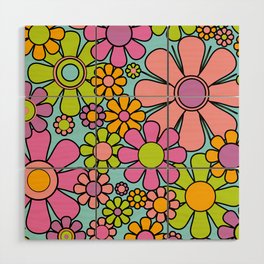 Flower Market London 1967 Colorful Retro Floral 60s Art with Thulian and Blush Pink Wood Wall Art