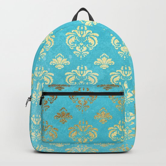 Mermaid Gold and Aqua Blue Seafoam Damask Backpack