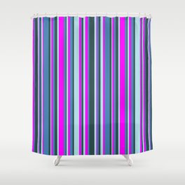 [ Thumbnail: Fuchsia, Blue, Dark Slate Gray, and Powder Blue Colored Lines/Stripes Pattern Shower Curtain ]