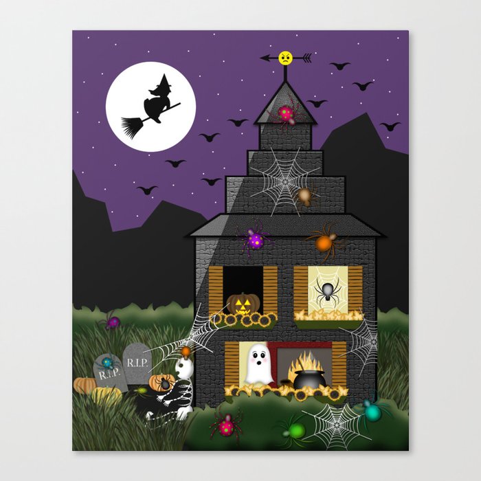 Spooky Cartoon Haunted Halloween House // Ghost, Skeleton, Witch, Bats, Cauldron, Spiders, Cobwebs  Canvas Print