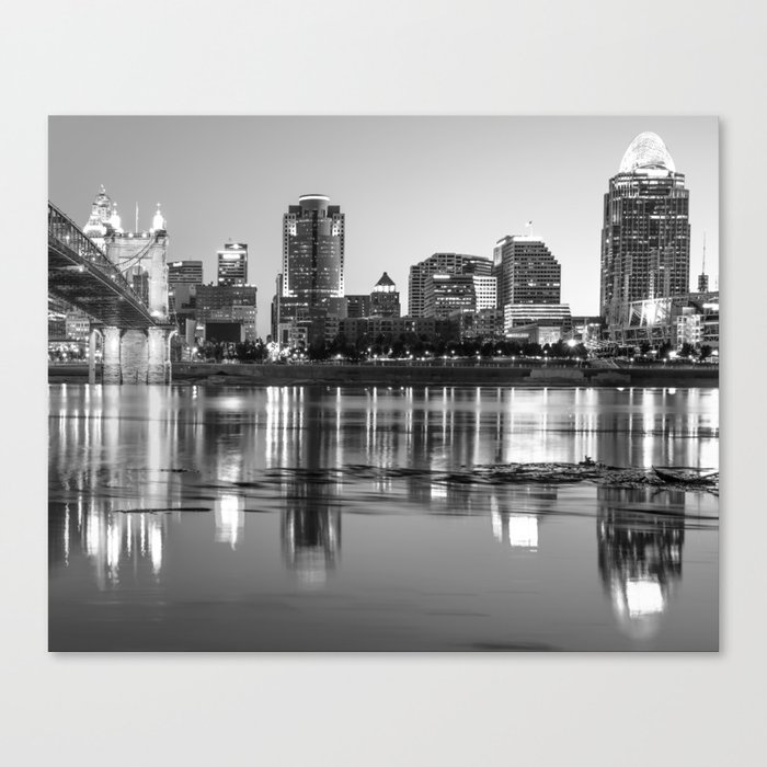 Black and White Cincinnati Night Skyline Reflections Canvas Print