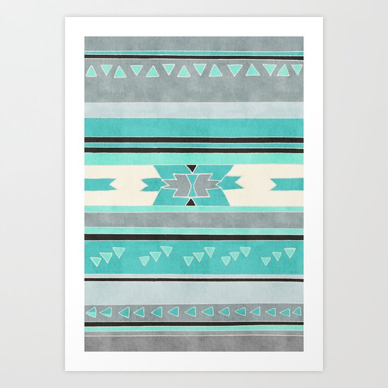 Rustic Tribal Pattern in Teal, Charcoal and Cream Art Print